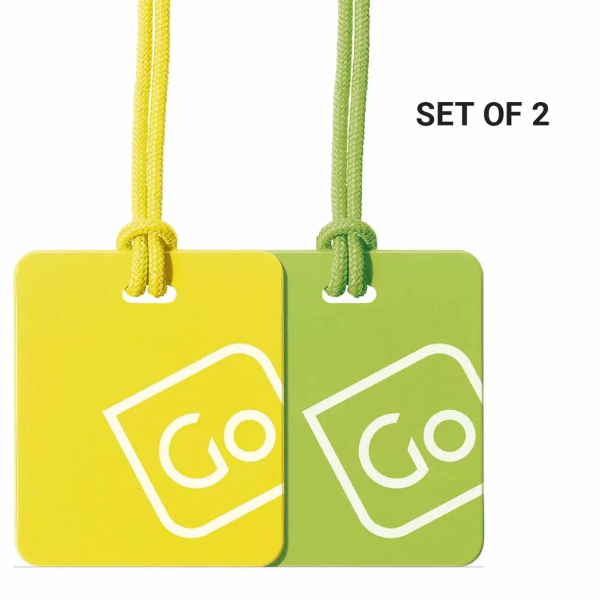 Two square tags with 'GO' logo, one yellow and one green, on a white background.