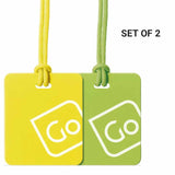 Two square tags with 'GO' logo, one yellow and one green, on a white background.