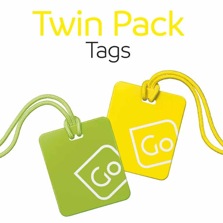 Two luggage tags, one green and one yellow, with 'Go' logo on a white background.