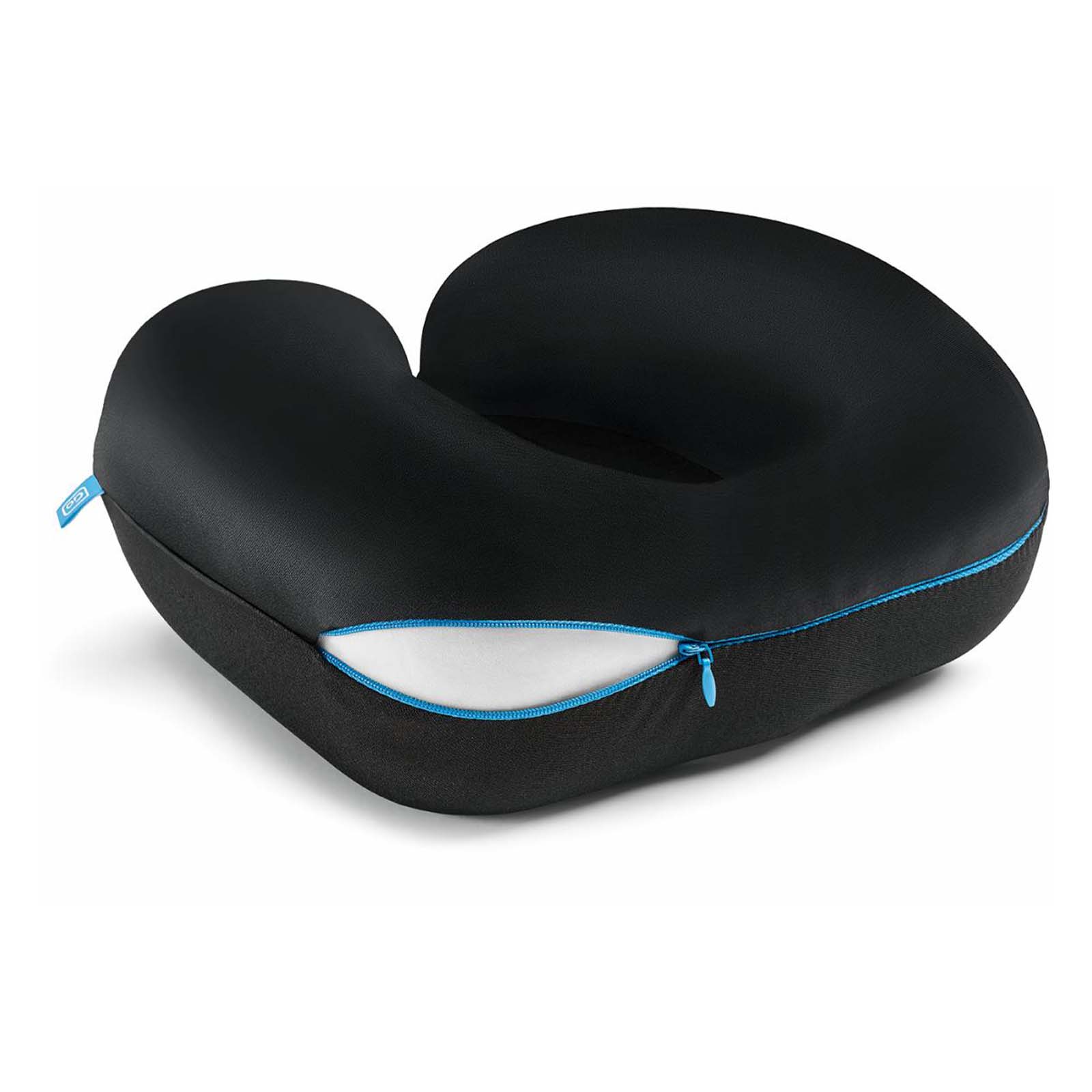 Black travel neck pillow with blue zipper on a white background
