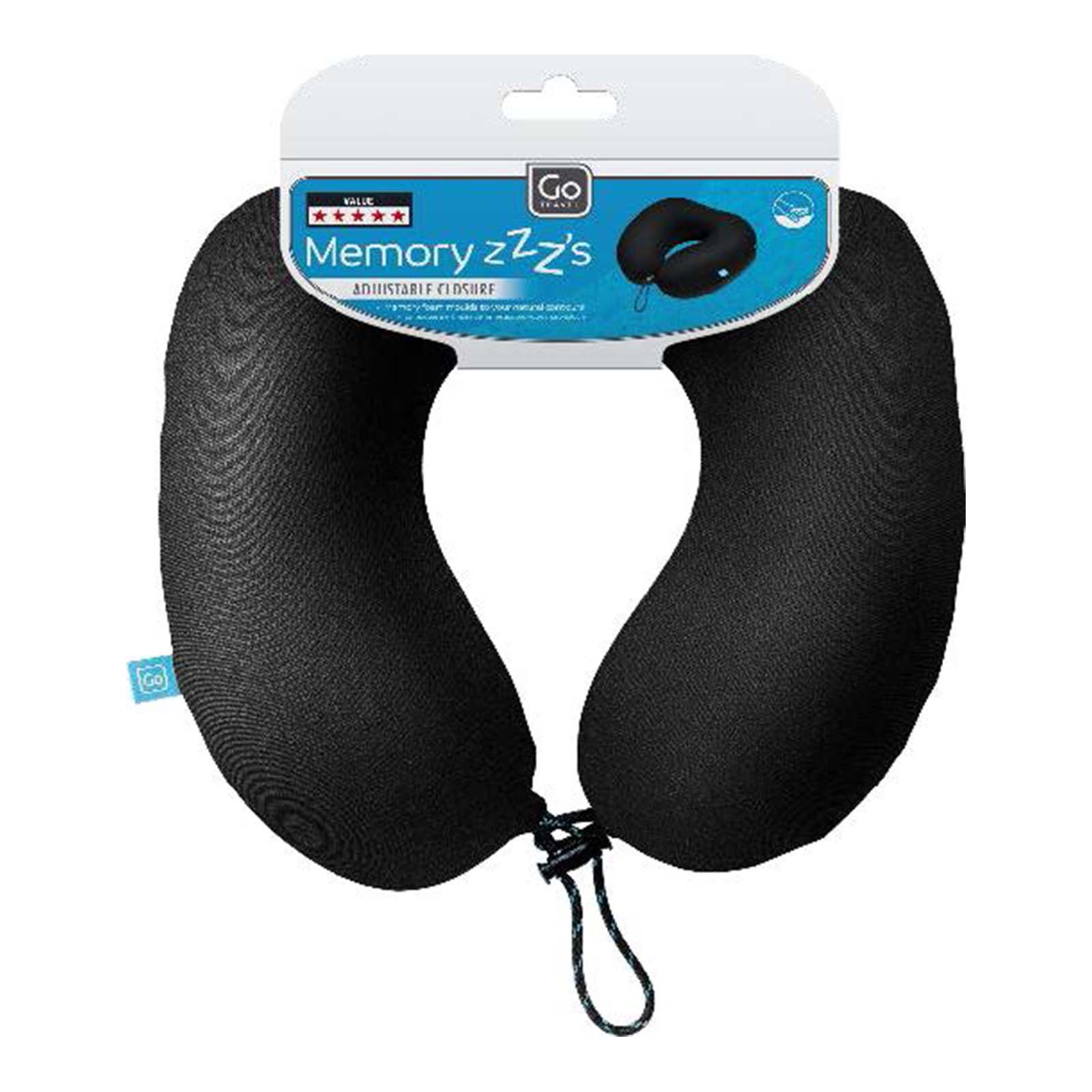 Black travel neck pillow with packaging on a white background