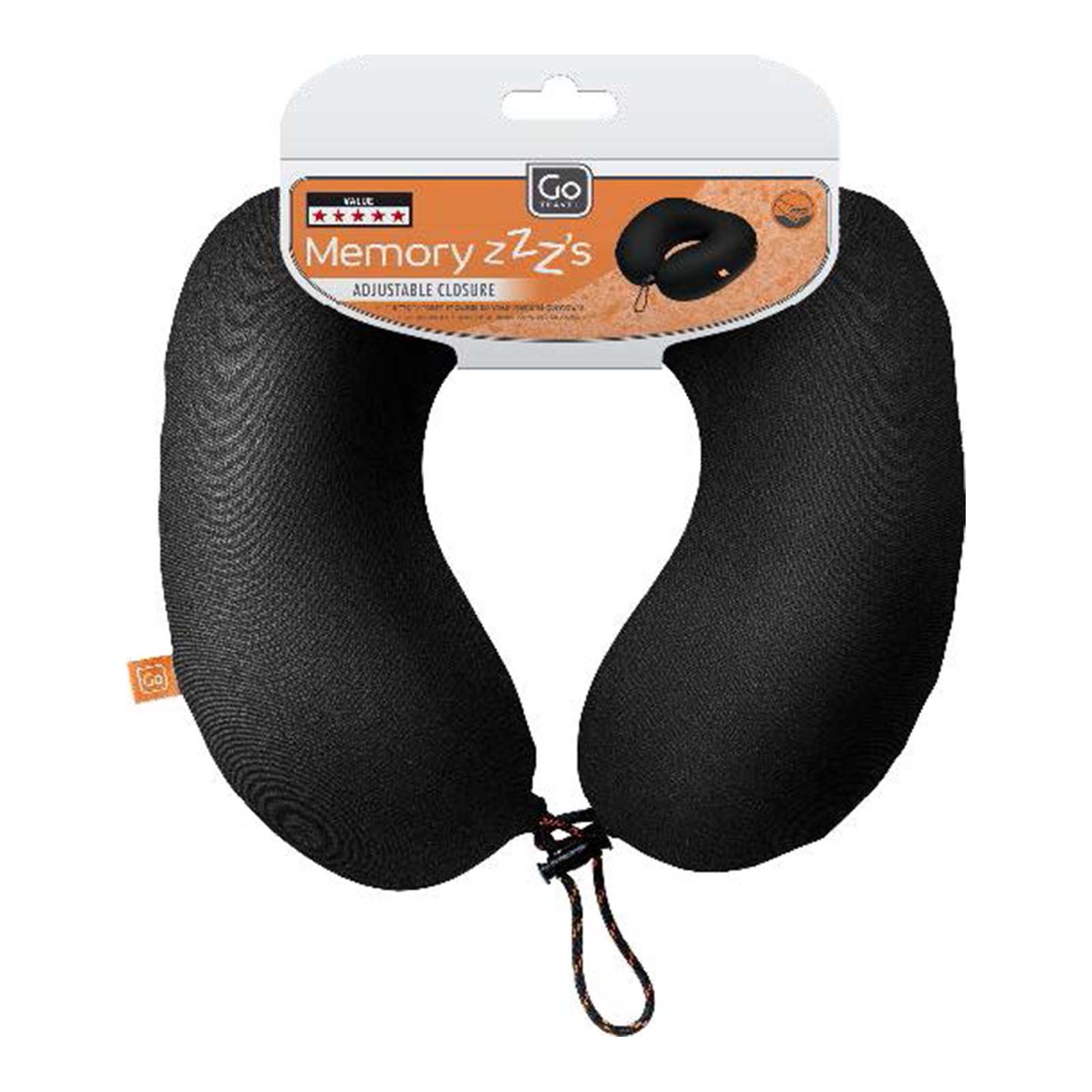 Black travel neck pillow with packaging on a white background