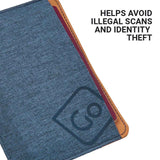Blueberry fabric passport holder with brown edges and 'GO' logo, text about avoiding illegal scans and identity theft.