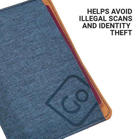 Blueberry fabric passport holder with brown edges and 'GO' logo, text about avoiding illegal scans and identity theft.