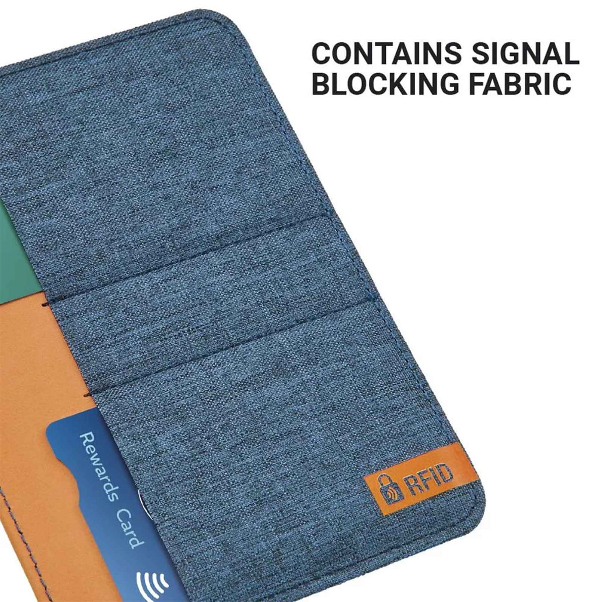Blueberry fabric wallet with card slots and 'RFID' label, featuring a rewards card.