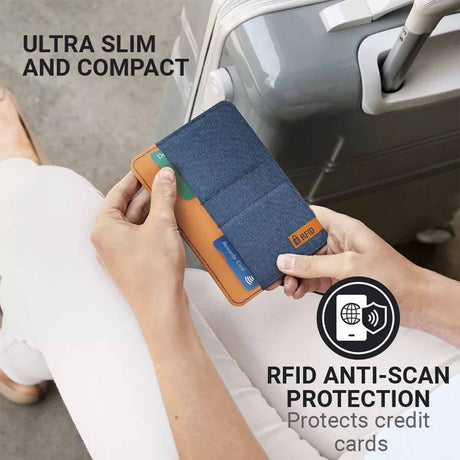 Person holding a Blueberry wallet with text about ultra-slim design and RFID protection.