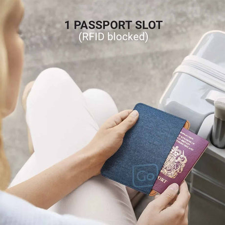 Person holding a Blueberry passport holder with a passport, sitting next to a suitcase.