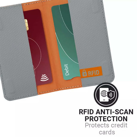 RFID cardholder with cards inside, featuring RFID anti-scan protection on a white background.