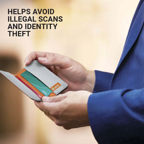 Person holding an RFID cardholder with cards, text about avoiding illegal scans and identity theft.
