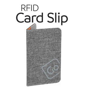 Gray fabric RFID card slip on a white background with 'RFID Card Slip' text.