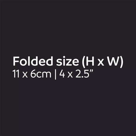 Text indicating folded size of 11 x 6cm or 4 x 2.5" on a black background
