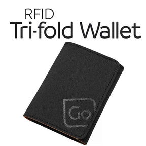 Black RFID tri-fold wallet with a brand logo on a white background, labeled 'RFID Tri-fold Wallet'.