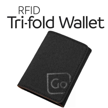 Black RFID tri-fold wallet with a brand logo on a white background, labeled 'RFID Tri-fold Wallet'.
