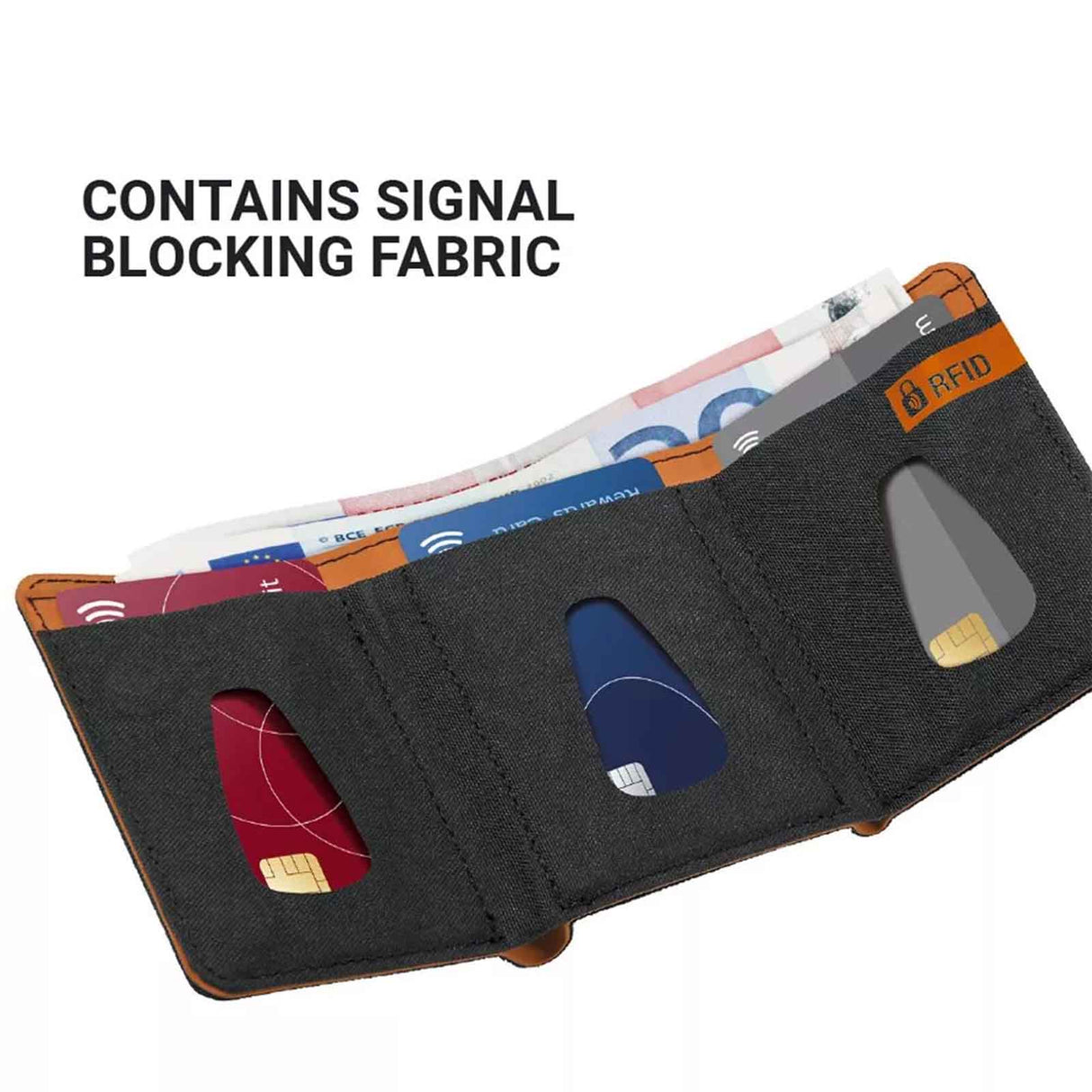 Black cardholder with multiple card slots and signal blocking fabric on a white background