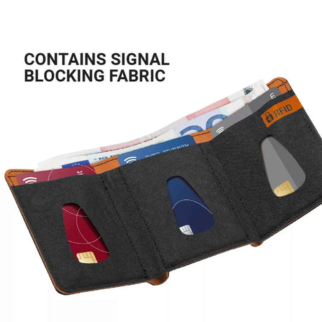 Black cardholder with multiple card slots and signal blocking fabric on a white background