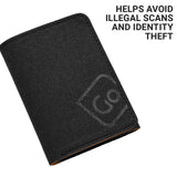 Black RFID wallet with a brand logo on a white background, text about avoiding illegal scans and identity theft.