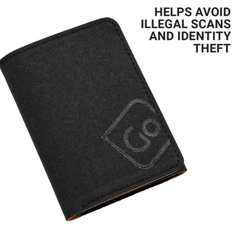 Black RFID wallet with a brand logo on a white background, text about avoiding illegal scans and identity theft.