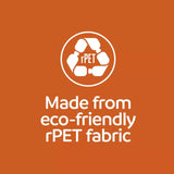 Logo and text indicating eco-friendly rPET fabric on an orange background