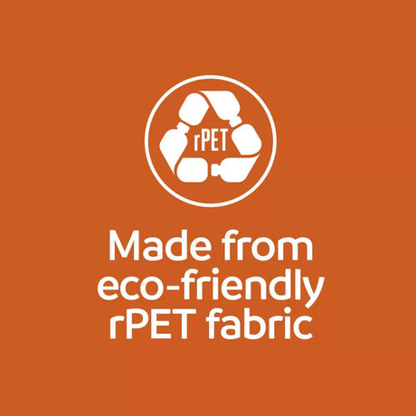 Logo and text indicating eco-friendly rPET fabric on an orange background