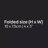 Text indicating folded size of 10 x 7.5cm or 4 x 3" on a black background