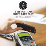 Hand holding a black cardholder with an 'Instant Tap' feature above a card reader.