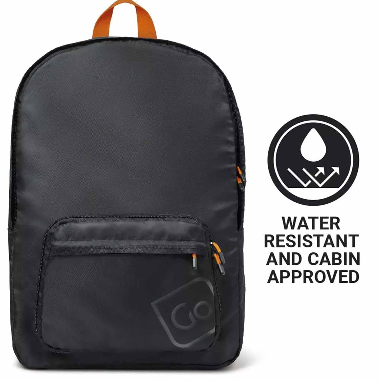Black backpack with water-resistant and cabin-approved label on a white background