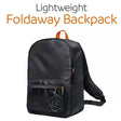 Black foldaway backpack with orange accents on a white background, labeled 'Lightweight Foldaway Backpack'.