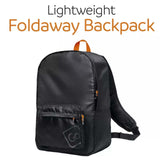 Black foldaway backpack with orange accents on a white background, labeled 'Lightweight Foldaway Backpack'.