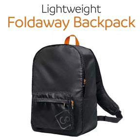 Black foldaway backpack with orange accents on a white background, labeled 'Lightweight Foldaway Backpack'.