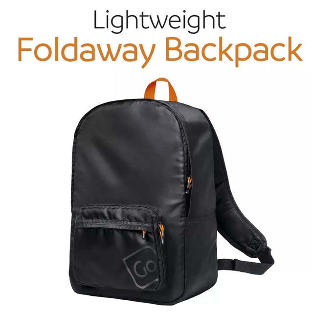 Black foldaway backpack with orange accents on a white background, labeled 'Lightweight Foldaway Backpack'.