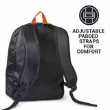 Black backpack with orange straps on a white background, featuring text about adjustable padded straps.