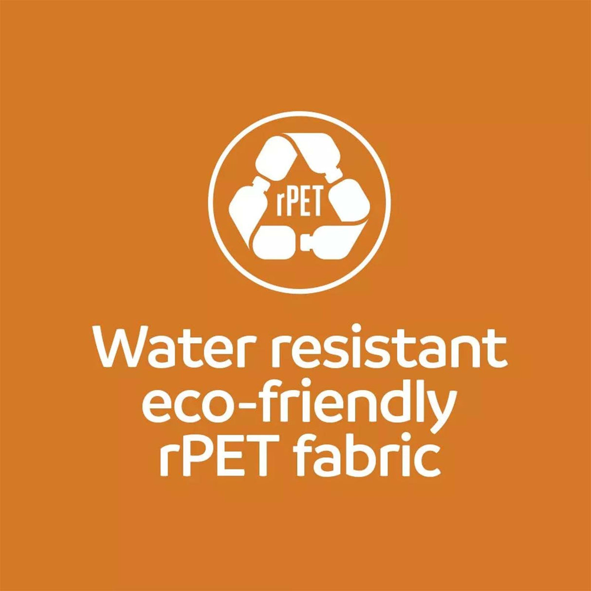 Logo and text for water-resistant, eco-friendly rPET fabric on an orange background