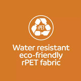Logo and text for water-resistant, eco-friendly rPET fabric on an orange background