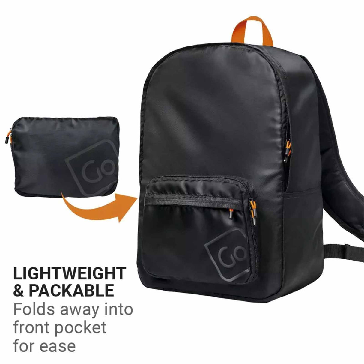 Black backpack with front pocket and small black pouch on a white background