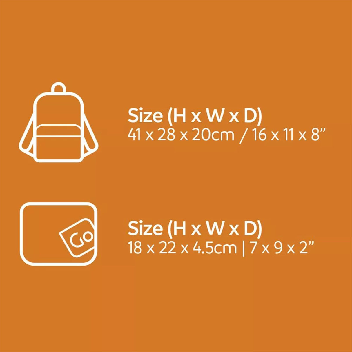 Size chart with backpack and photo dimensions on an orange background
