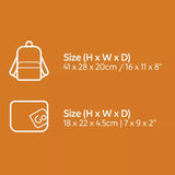 Size chart with backpack and photo dimensions on an orange background