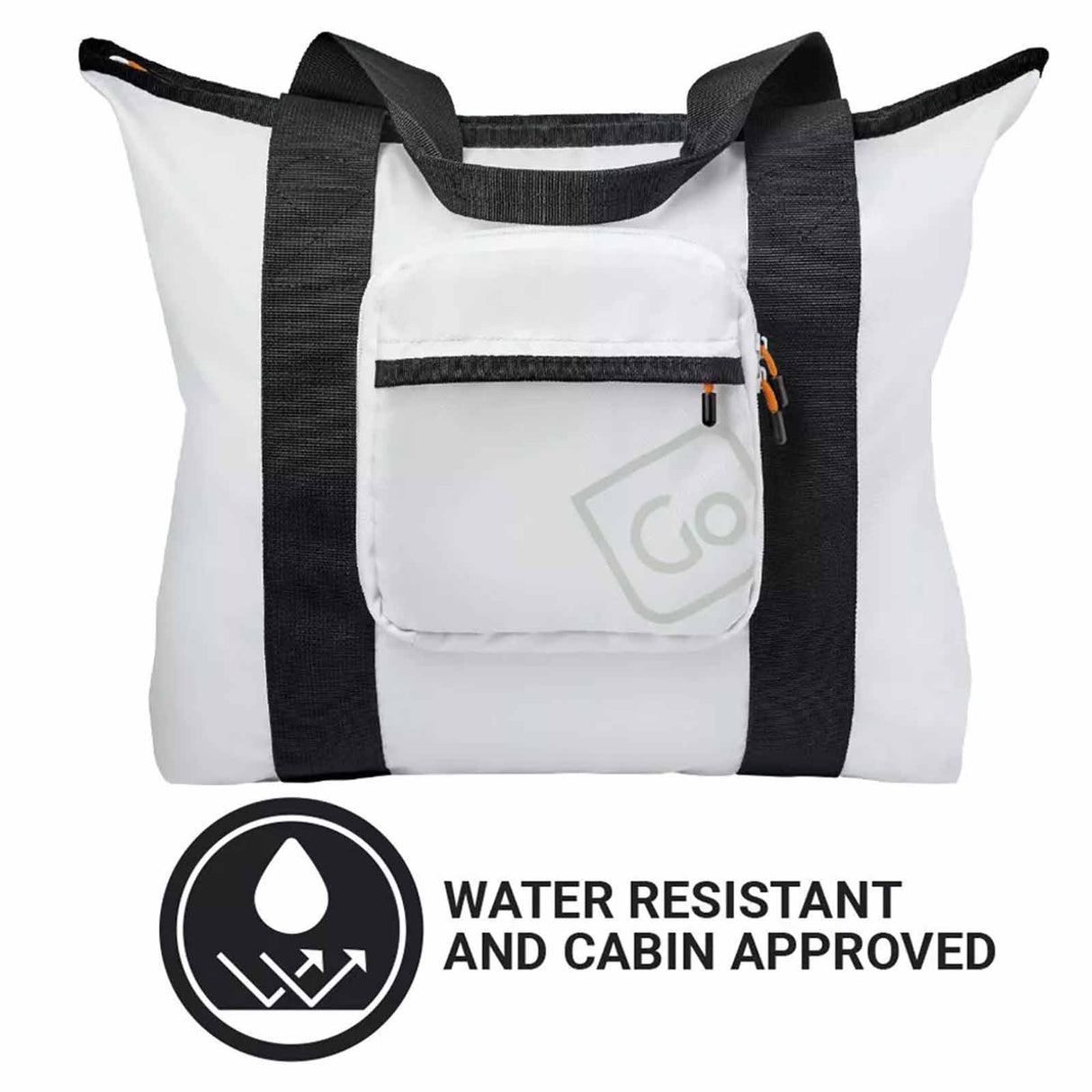 White tote bag with black straps and a visible brand logo, on a white background.