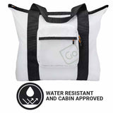 White tote bag with black straps and a visible brand logo, on a white background.