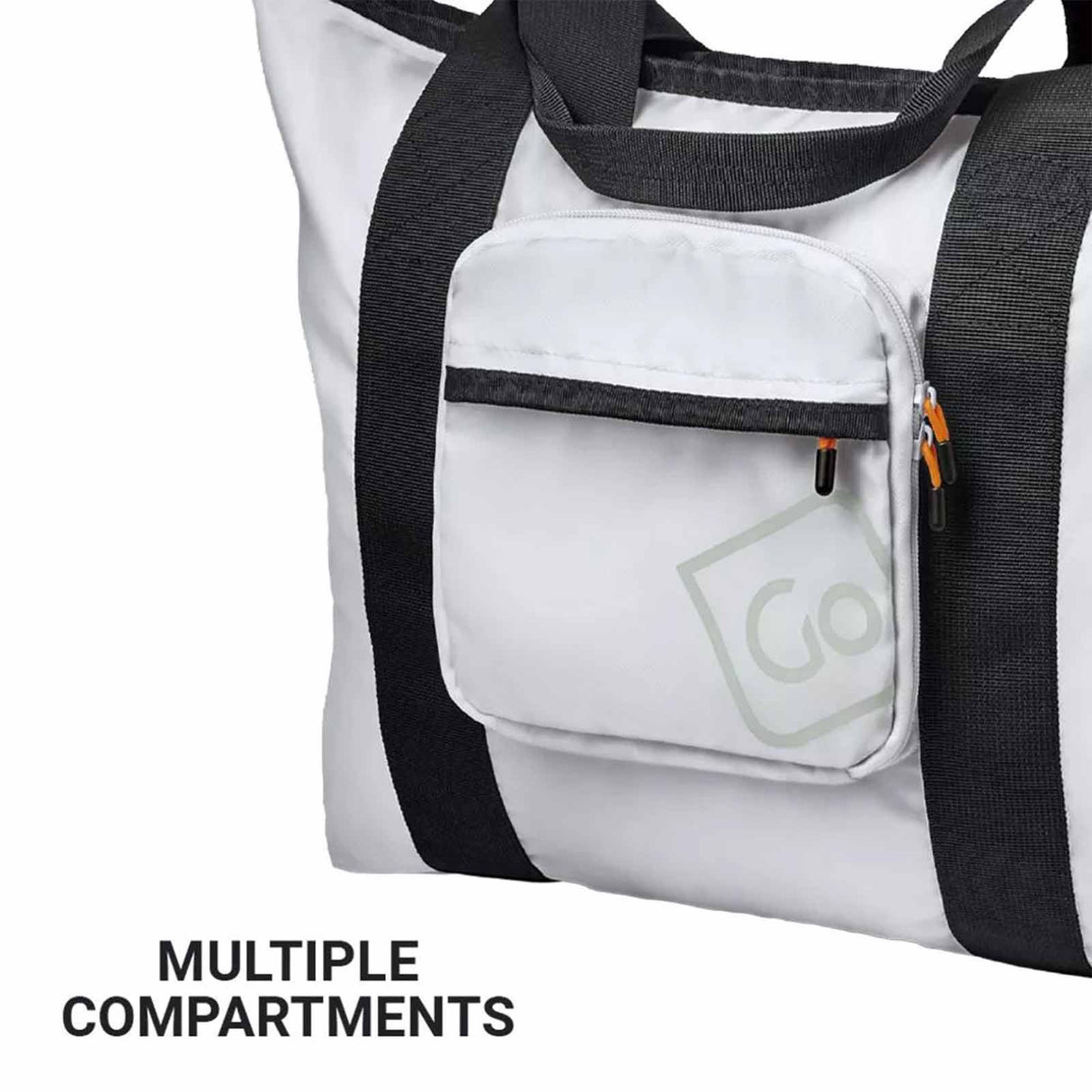 White tote bag with black straps and a visible brand logo on a white background