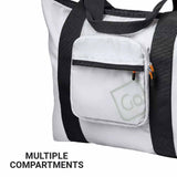 White tote bag with black straps and a visible brand logo on a white background