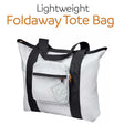White foldaway tote bag with black straps on a white background, featuring the text 'Lightweight Foldaway Tote Bag'.