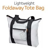 White foldaway tote bag with black straps on a white background, featuring the text 'Lightweight Foldaway Tote Bag'.