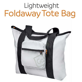 White foldaway tote bag with black straps on a white background, featuring the text 'Lightweight Foldaway Tote Bag'.