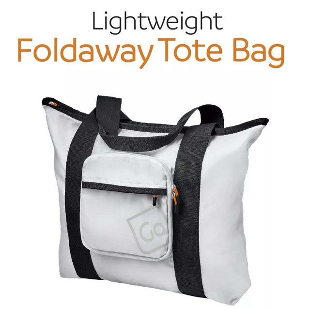 White foldaway tote bag with black straps on a white background, featuring the text 'Lightweight Foldaway Tote Bag'.