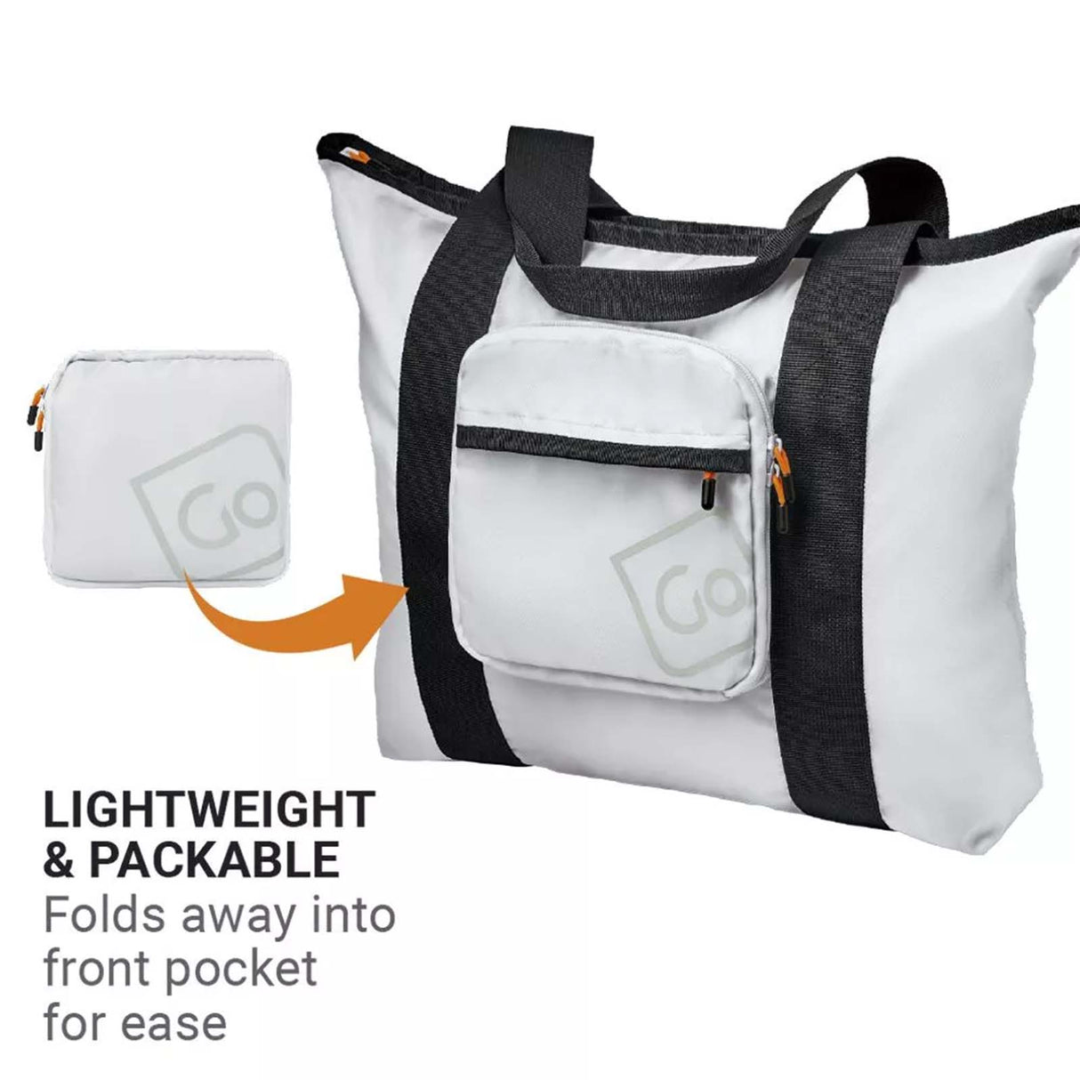 White tote bag with black straps and a smaller white pouch, featuring the brand 'Go'.