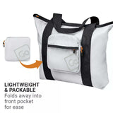 White tote bag with black straps and a smaller white pouch, featuring the brand 'Go'.