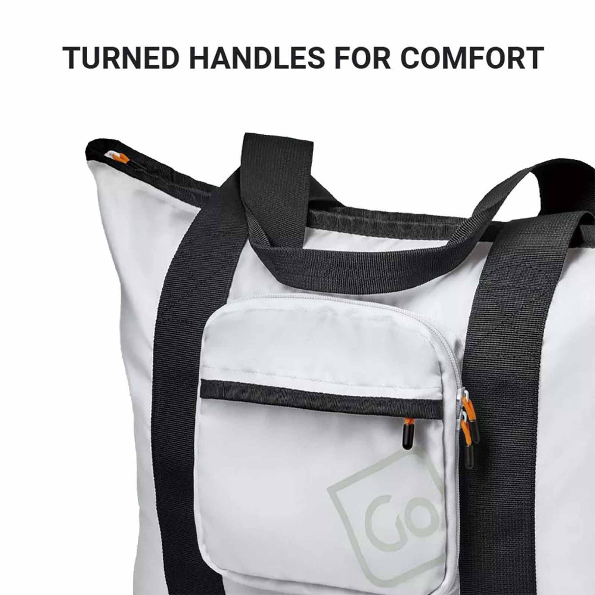 White bag with black straps and a visible brand logo on a white background