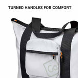White bag with black straps and a visible brand logo on a white background