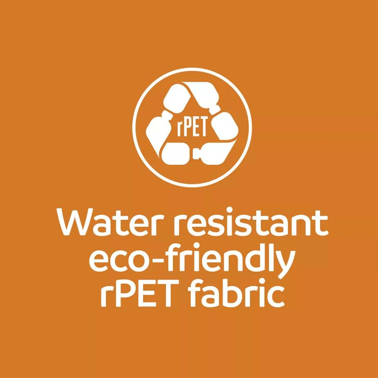 Logo and text for water-resistant, eco-friendly rPET fabric on an orange background