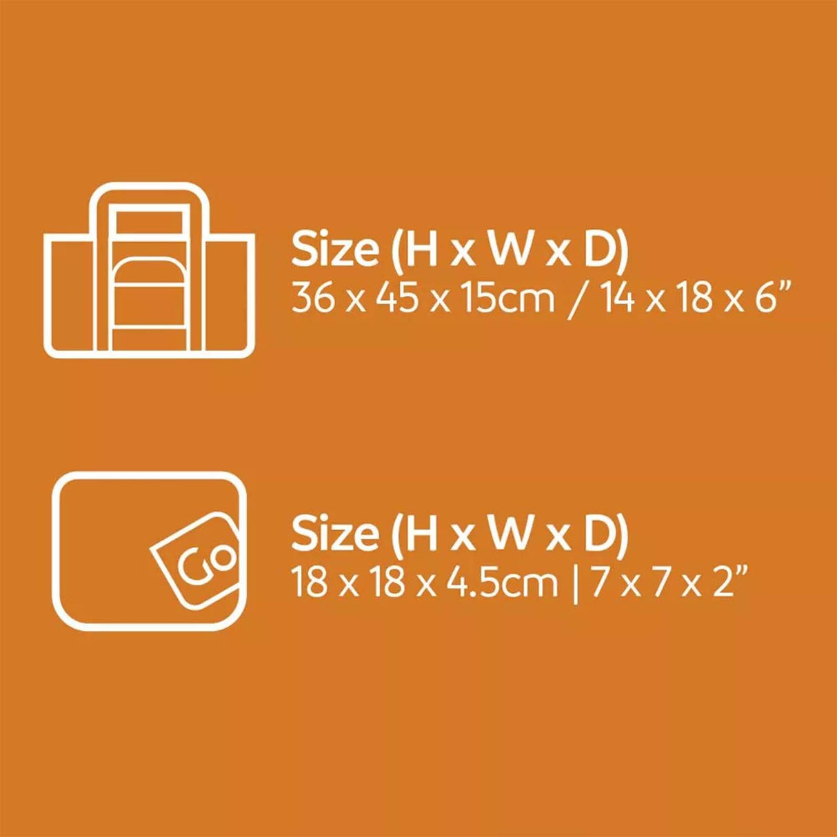 Size chart with two product illustrations and dimensions on an orange background